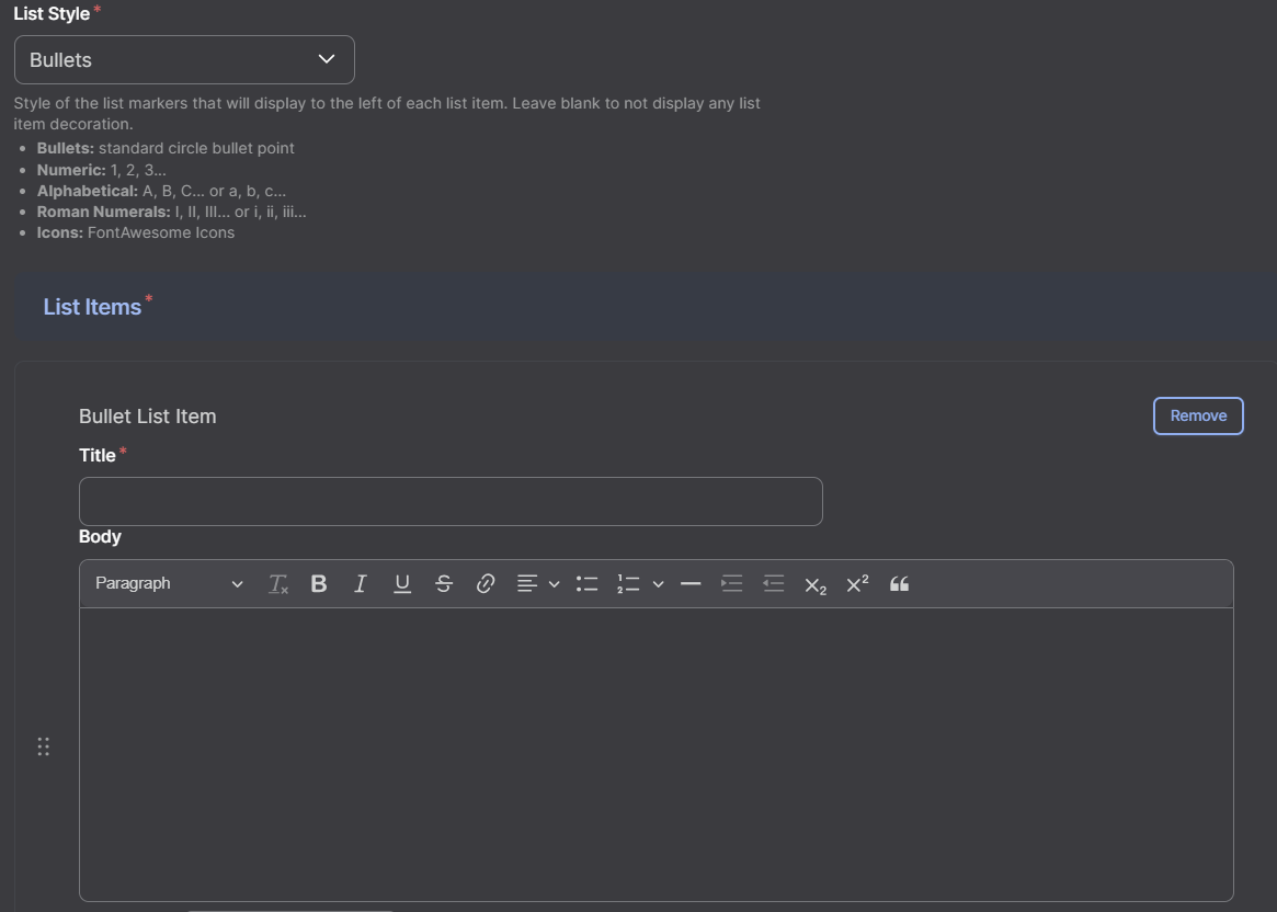 Configure Bullet List Style and Title per Item Screenshot