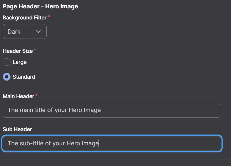 Hero Image Background Filter, Header Size, and Main and Sub Header Options Screenshot