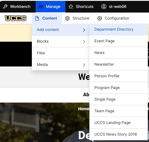 Drupal Editing page showing the content dropdown with Add content and Department Directory Selected 