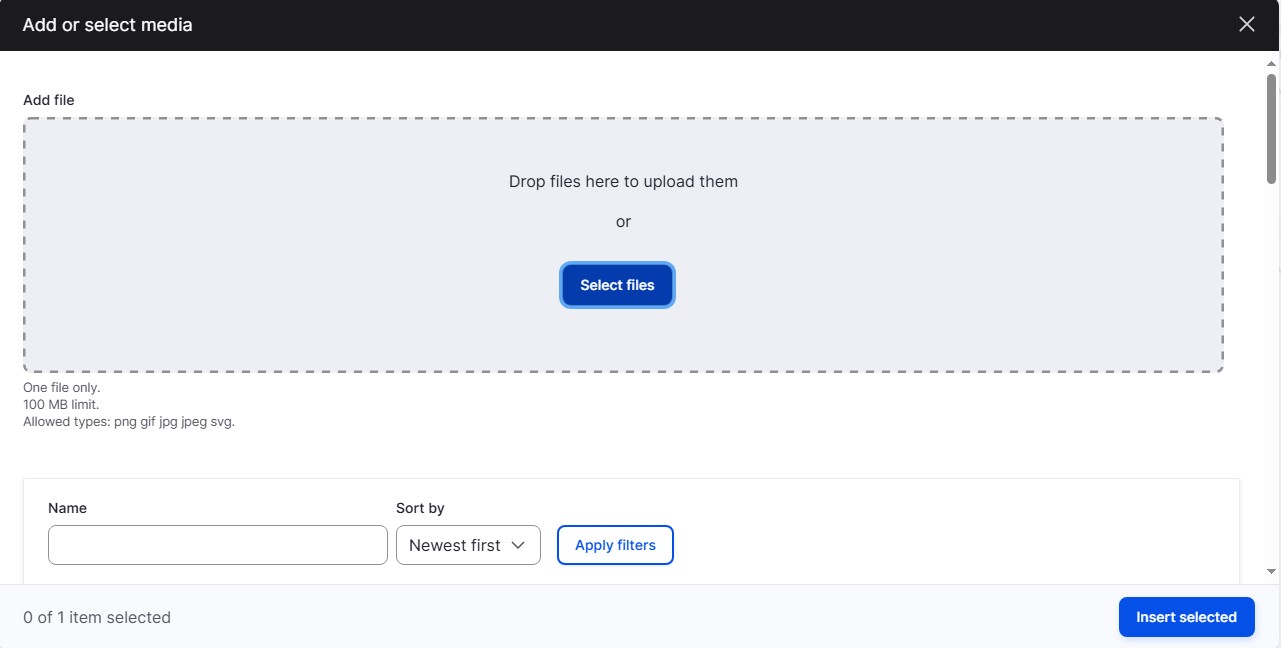 Drupal editing page showing the Add or select media window for adding images 