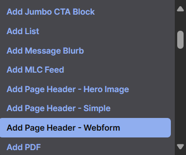 Picture of Add Page Header - Webform option highlighted