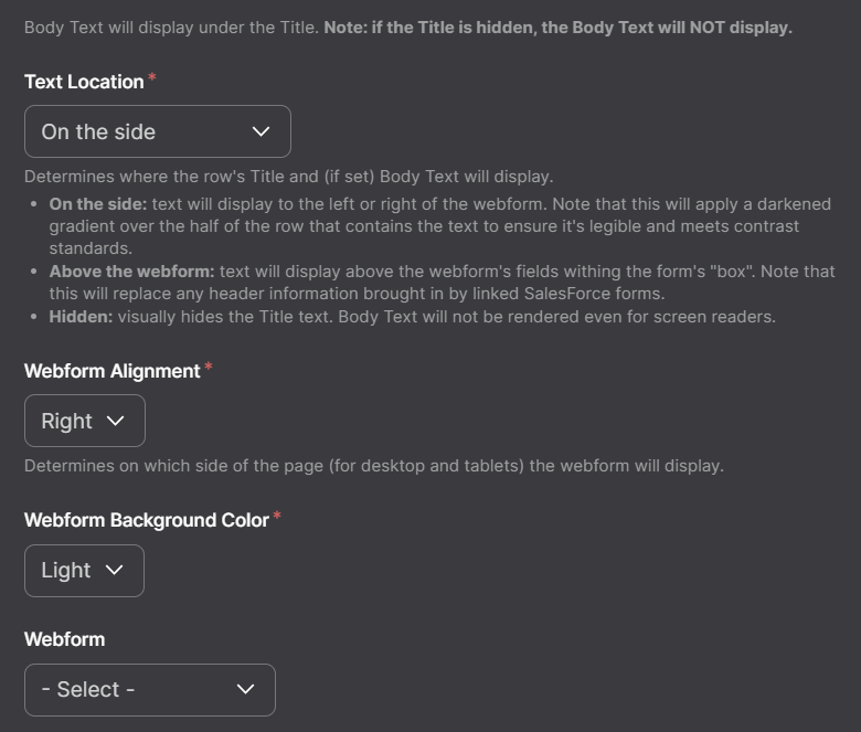 Screenshot of Text Location, Webform Alignment, and Webform Background Color options