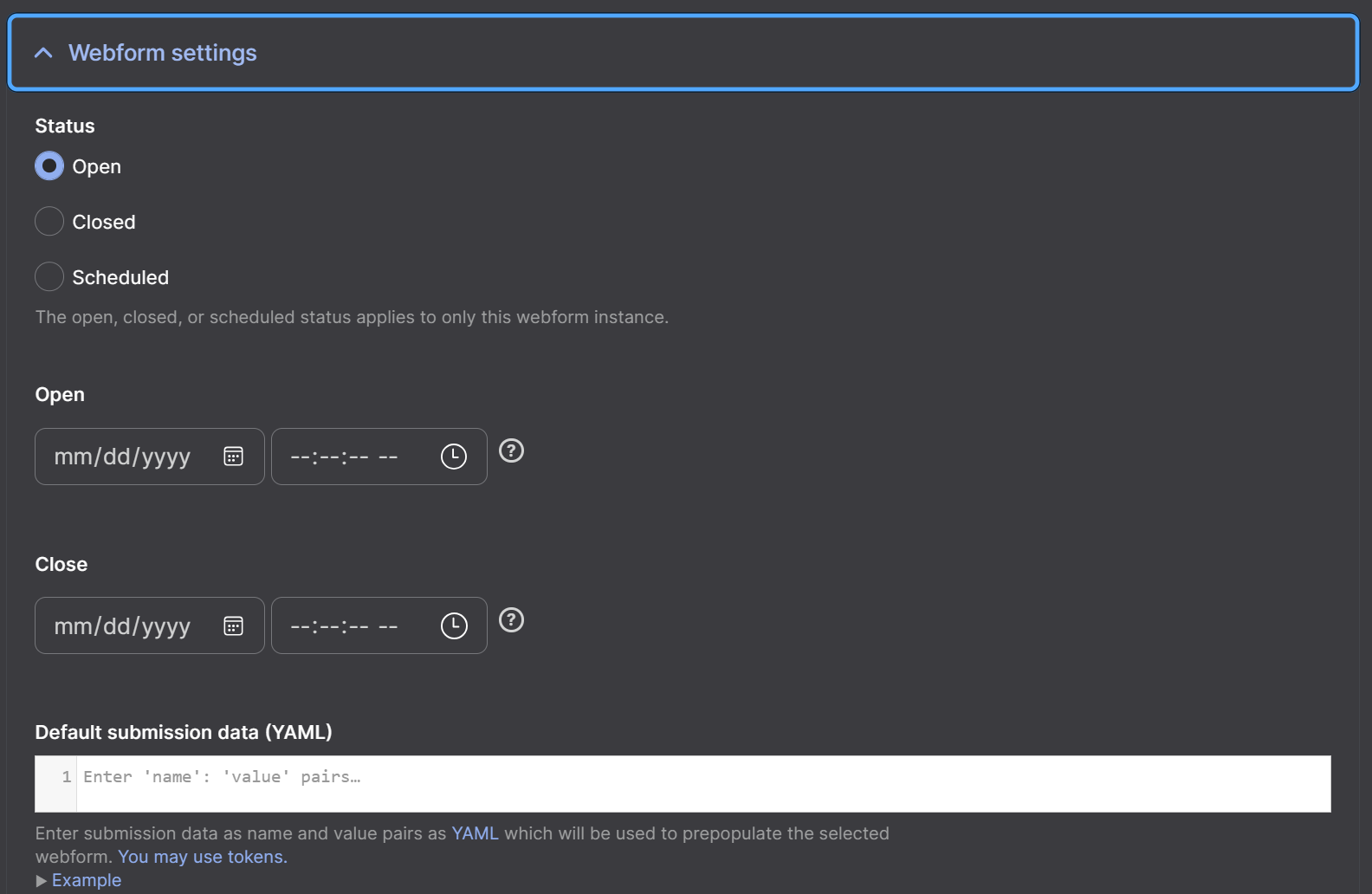 Screenshot of Webform Settings options