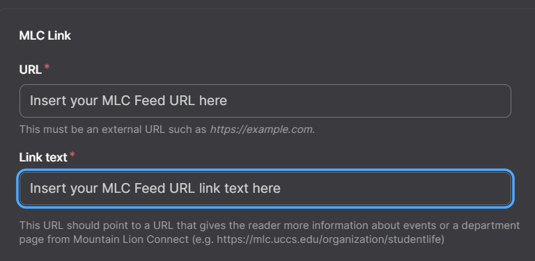 Screenshot of MLC Feed URL and link text Options