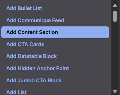 Screenshot of Add Content Section Option