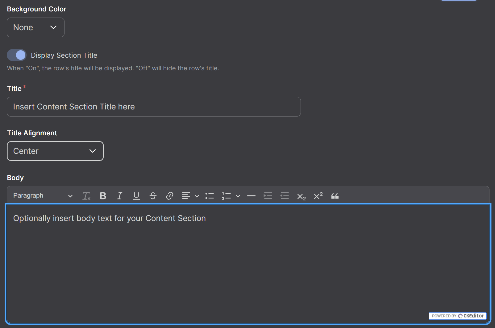 Screenshot of Top Half of Content Section Block Options