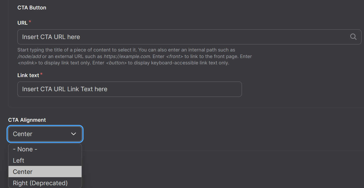 Screenshot of CTA Button, Link Text, and Alignment options