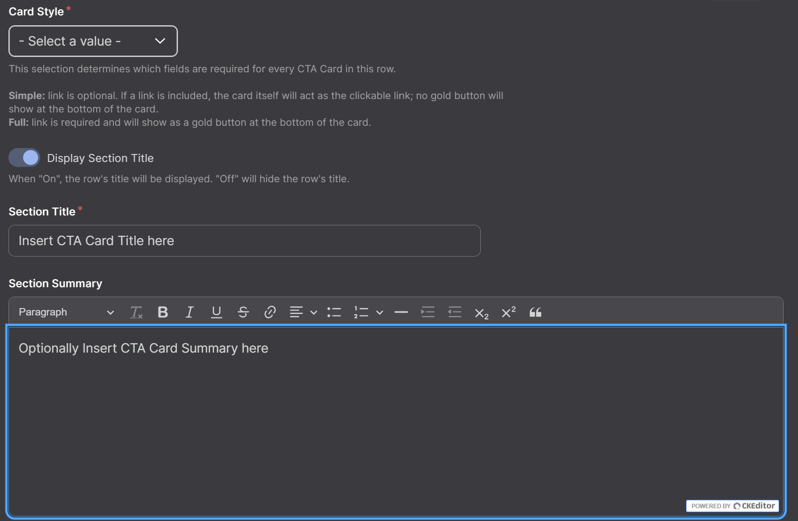 Screenshot of CTA Cards Card Style, Section Title, and Section Summary Options