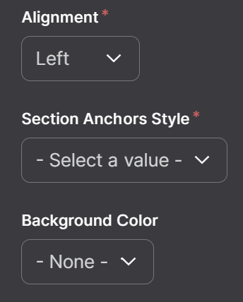 Screenshot of Section Anchor Alignment, Section Anchors Style, and Background Color Options