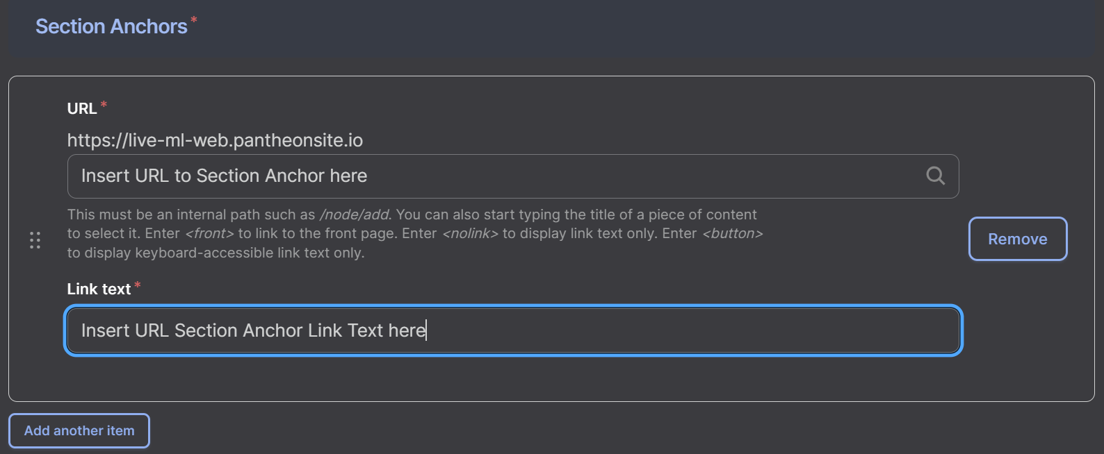 Screenshot of Section Anchor URL and URL Link text Options