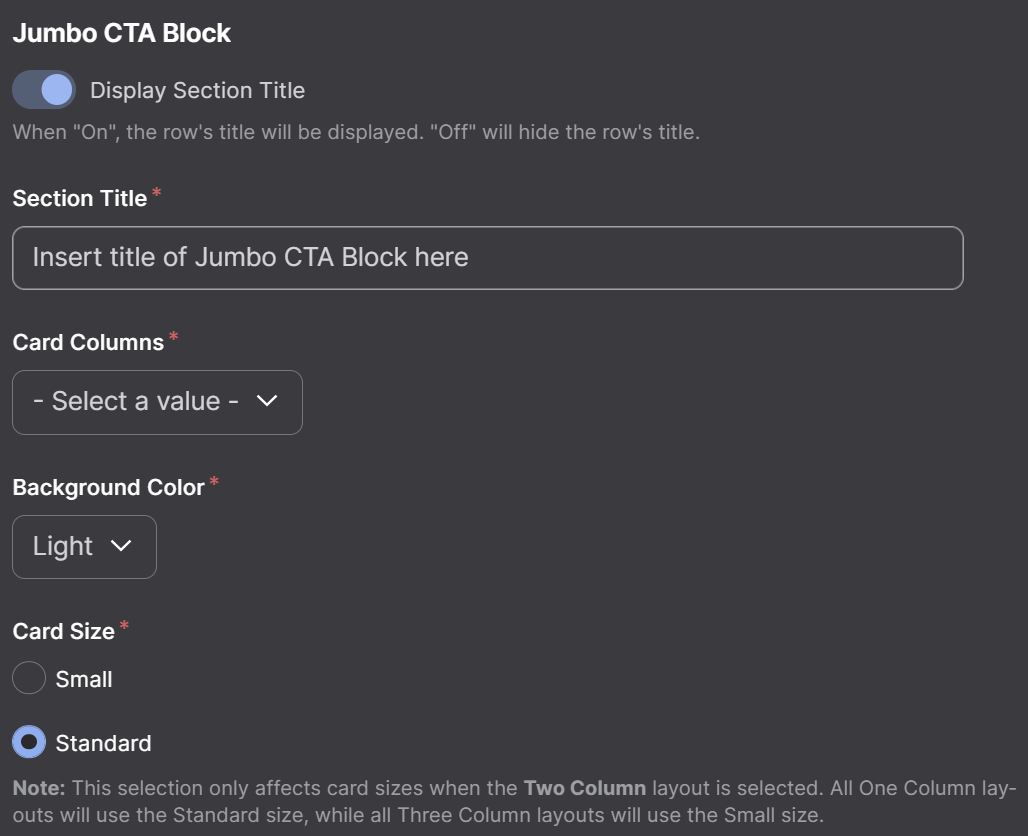 Screenshot of Jumbo CTA Block Section Title, Card Columns, Background Color, and Card Size Options