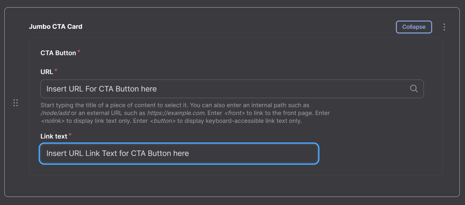 Screenshot of Jumbo CTA Card CTA Button URL and Link Text Options
