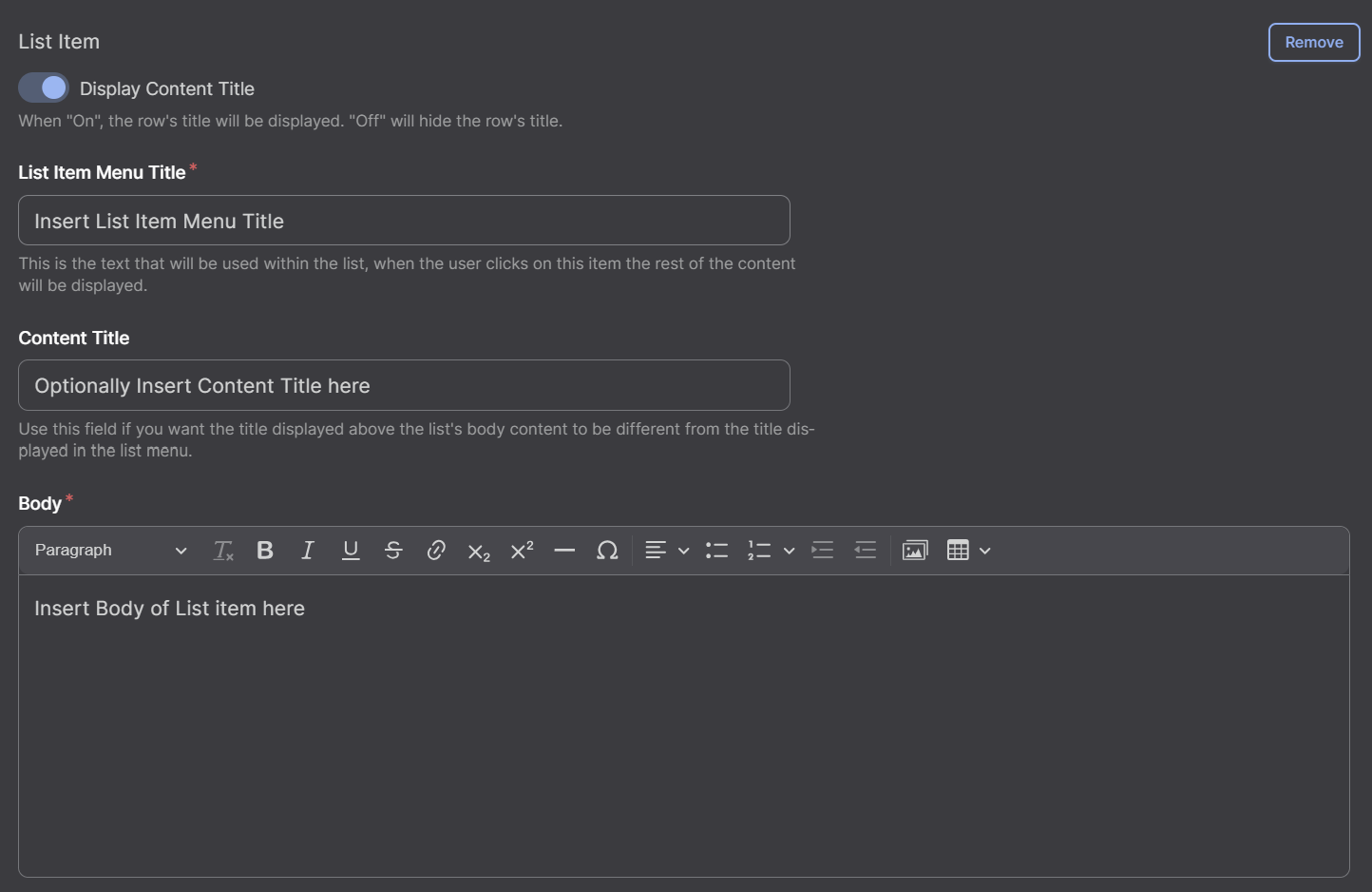 Screenshot of List Item Menu Title ,Content Title and Body Option