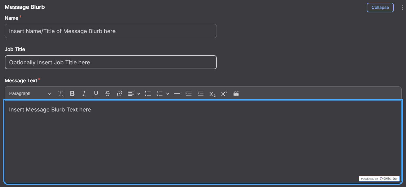 Screenshot of List Name, Job Title and Message Text Options