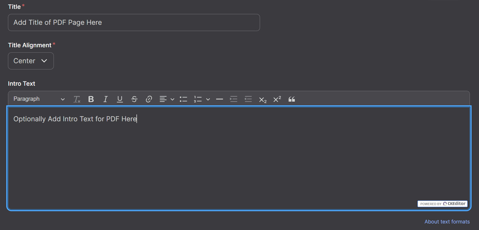 Screenshot of PDF Title. Title Alignment, and Into Text Options