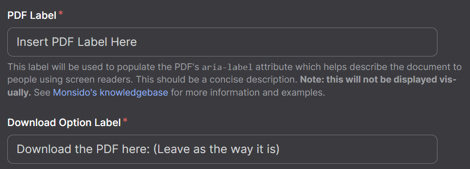 Screenshot of PEF Label and Download Option Label Options
