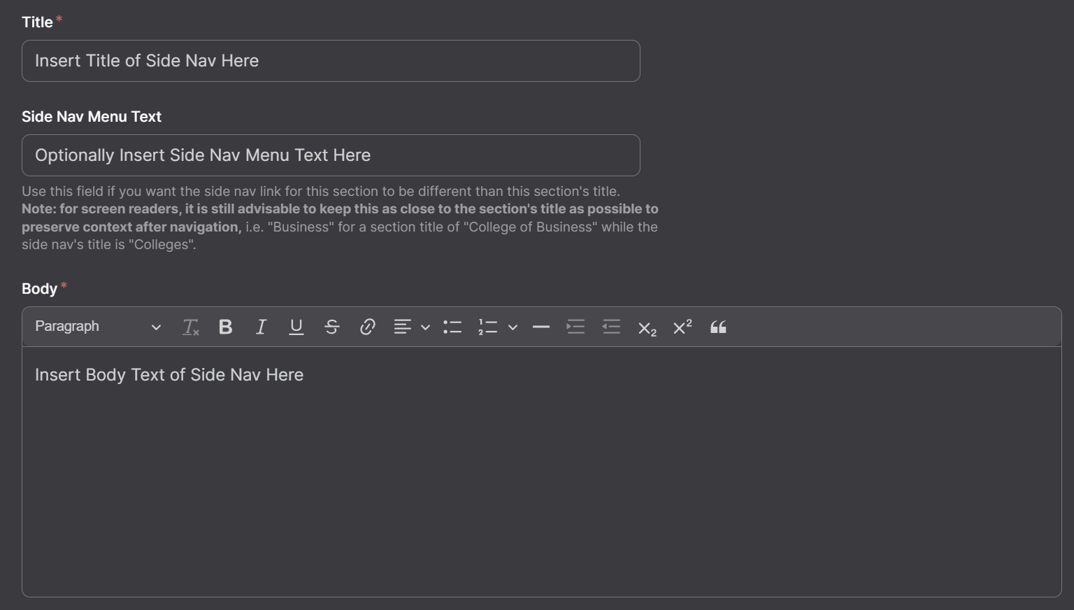 Screenshot of Side Nav Title, Menu Text, and Body Options