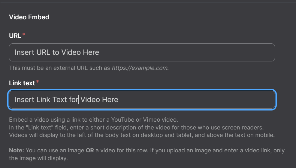 Screenshot of Side Nav Video URL and Link Text Options