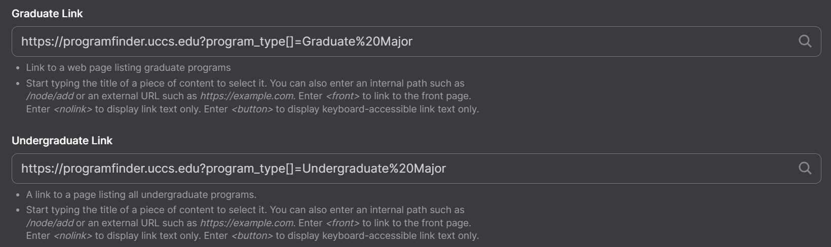 Screenshot Of Program Finder Form Graduate Link and Undergraduate Link Options