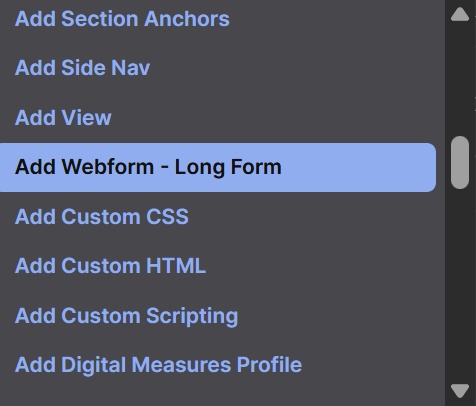 Screenshot of Add Webform - Long Form Option