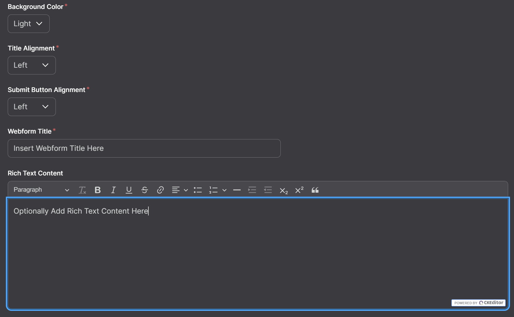 Screenshot of Webform - Long Form Background Color, Title Alignment, Submit Button Alignment, Webform Title and Rich Text Content Options