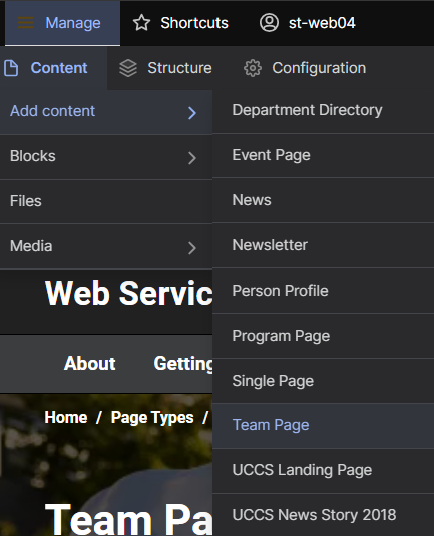 Screenshot of Create Team Page Option