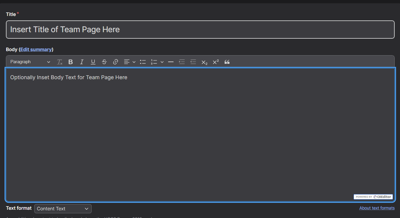 Screenshot of Team Page Title and Body Text Options