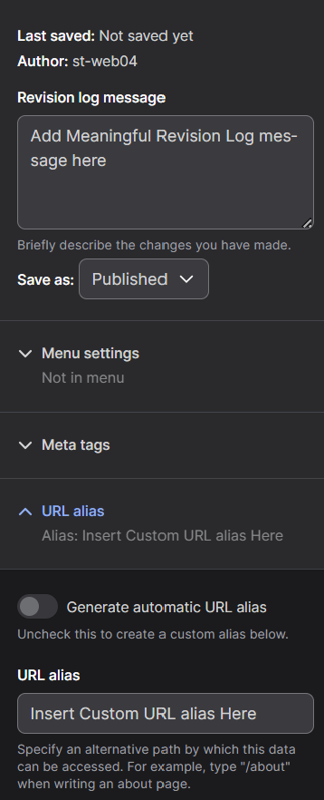 Screenshot of Program Page Revision Log, Save As, and URL Alias Options