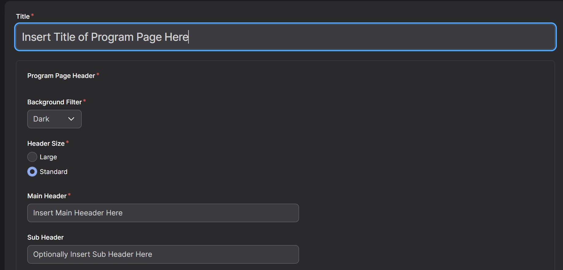 Screenshot of Program Page Title, Page Header, Background Filer, Main and Sub Header Options
