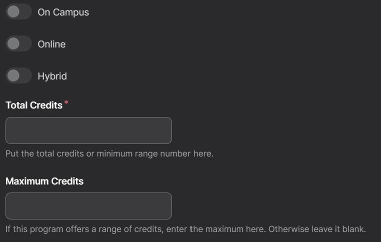 Screenshot of Program Page Course Type and Credits Options