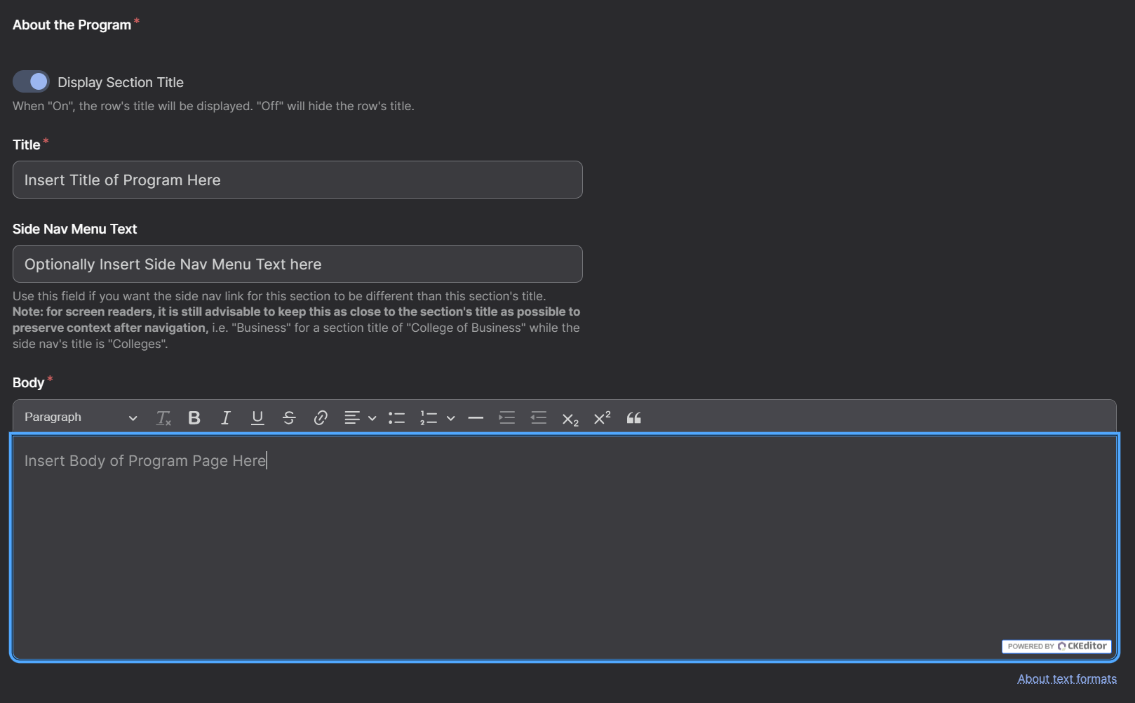 Screenshot of Program Page Program Title, Side Nav Menu Text, and Body Options