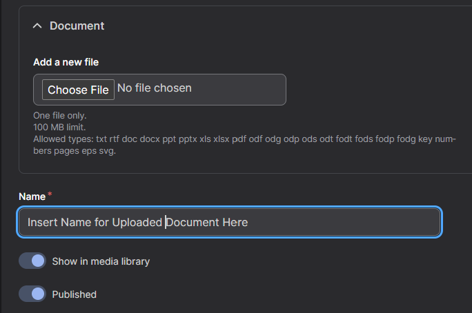 Screenshot of Meda Type Document Name and Add New File Options