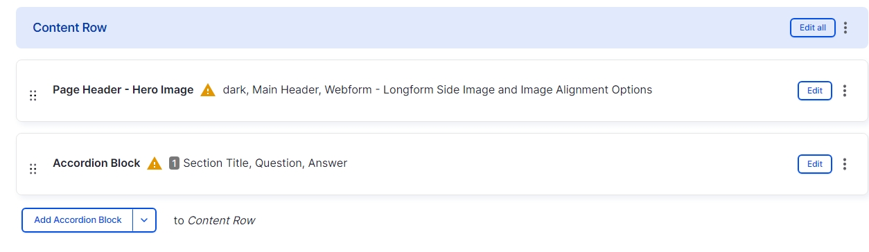 Drupal editing page showing the single page rows as an example 