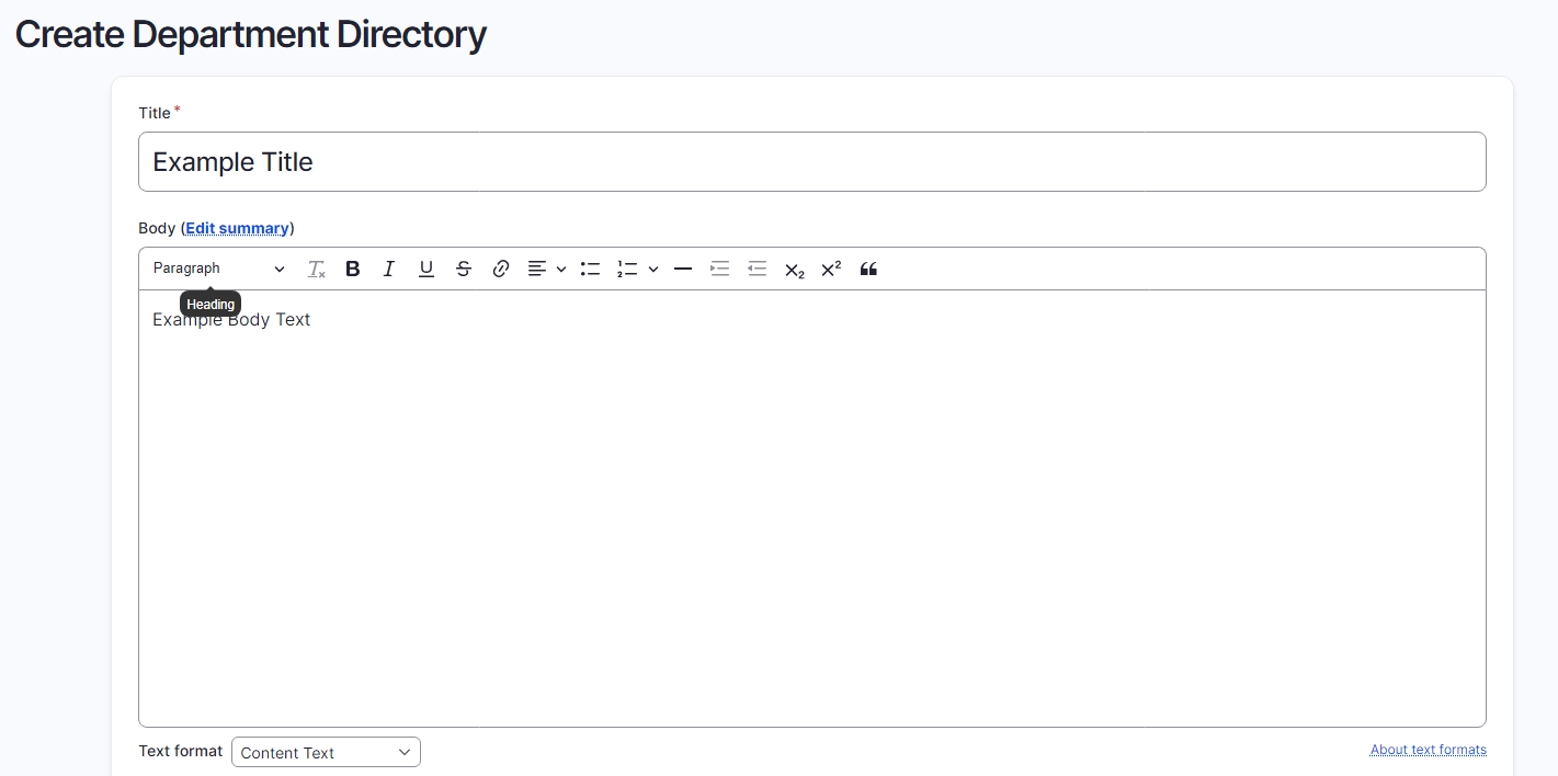Drupal editing page of the Department Directory showing the Title and Body text boxes 