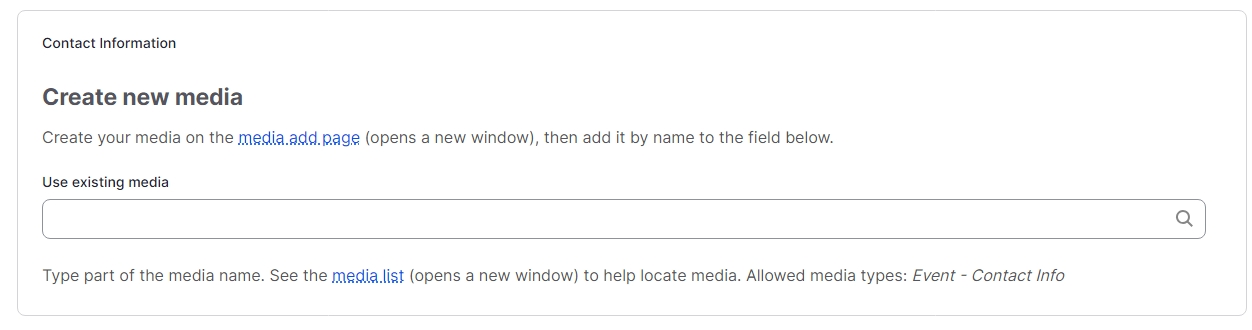 Drupal Event page editing screen showing the Contact Information image box for an Events Page 