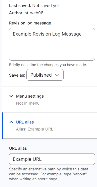 Drupal Side Menu showing the revision log message, and the URL Alias selected 
