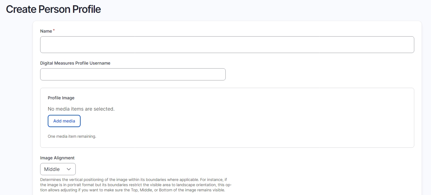 Drupal Person Profile editing page showing name, and profile image 