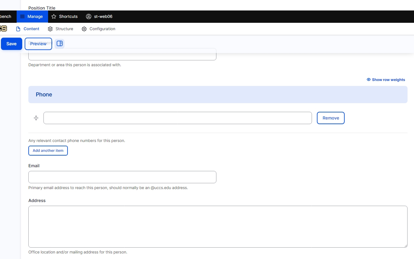 Drupal Person Profile editing page showing Phone, Email and Address