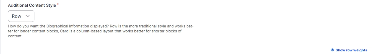 Drupal editing page showing the Additional Content Style dropdown 