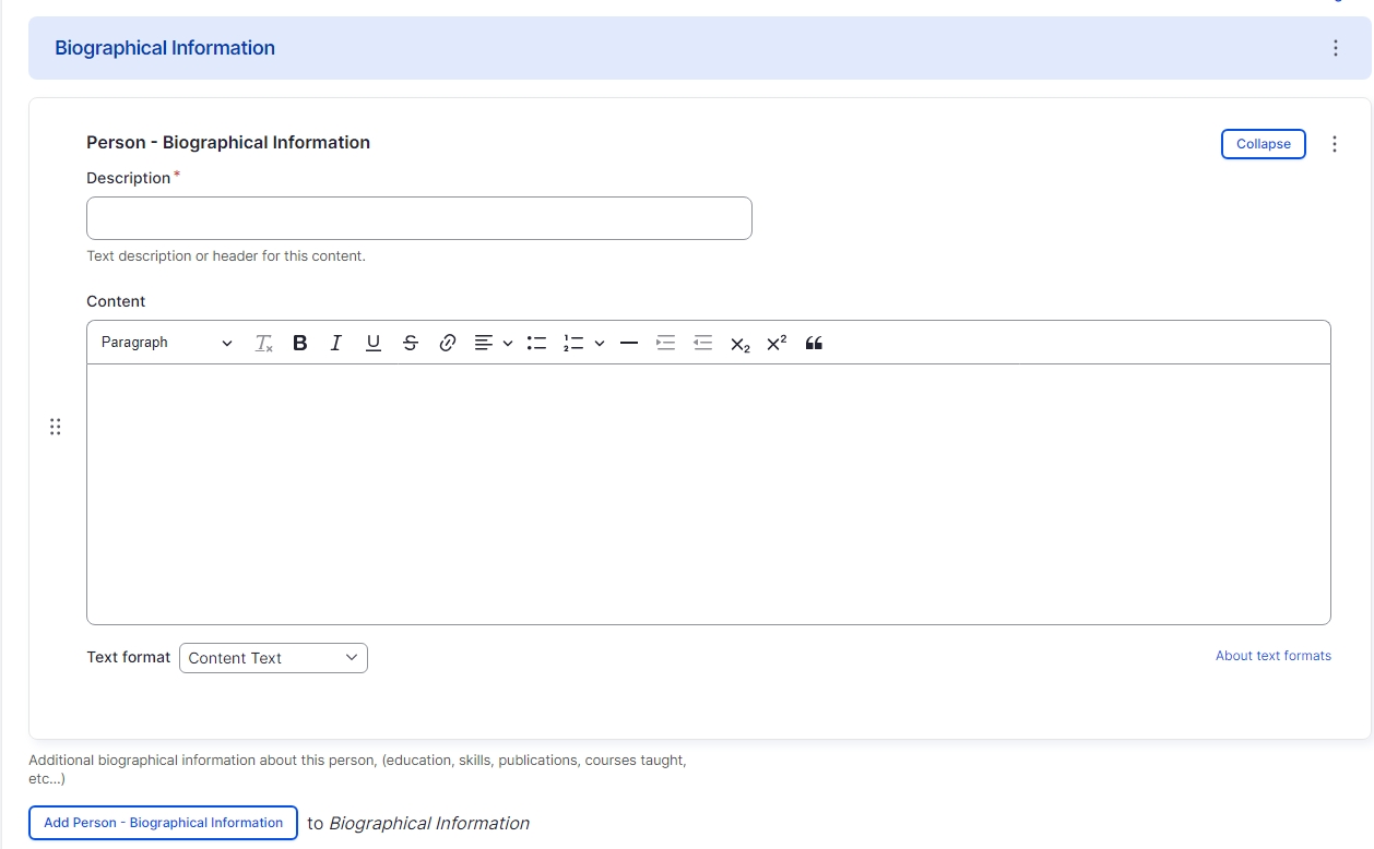 Drupal editing page showing the Biographical information section 
