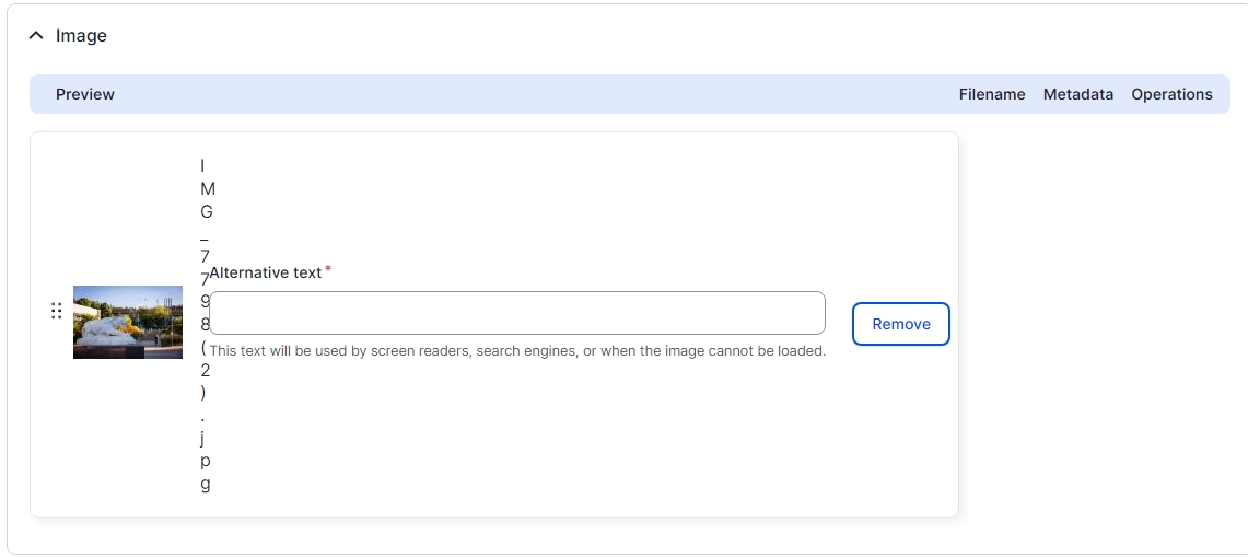 Drupal editing page showing an Image section from a content section with an alternative text box 