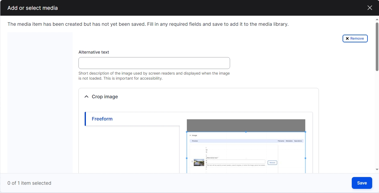 Drupal Add or select media window showing the Alternative text and windowed image
