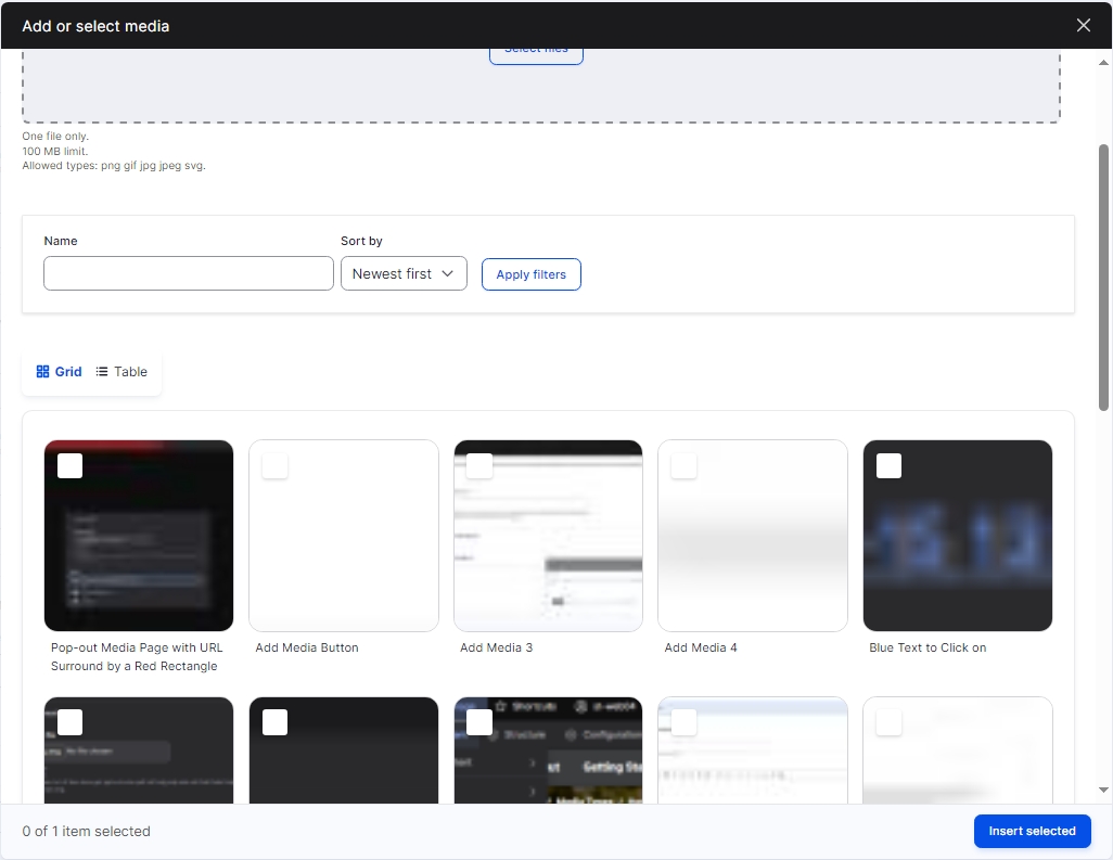 Drupal Add or select media showing the list of images already uploaded