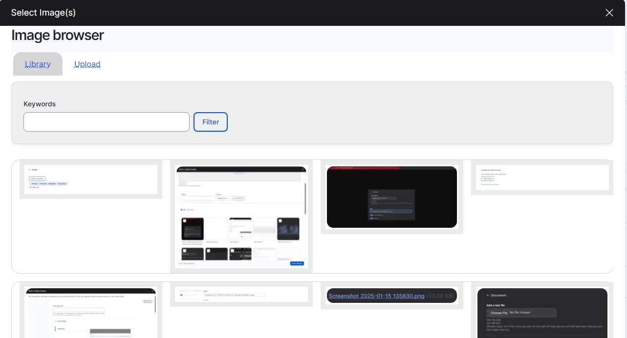 Drupal Select Image(s) screen showing Image library 