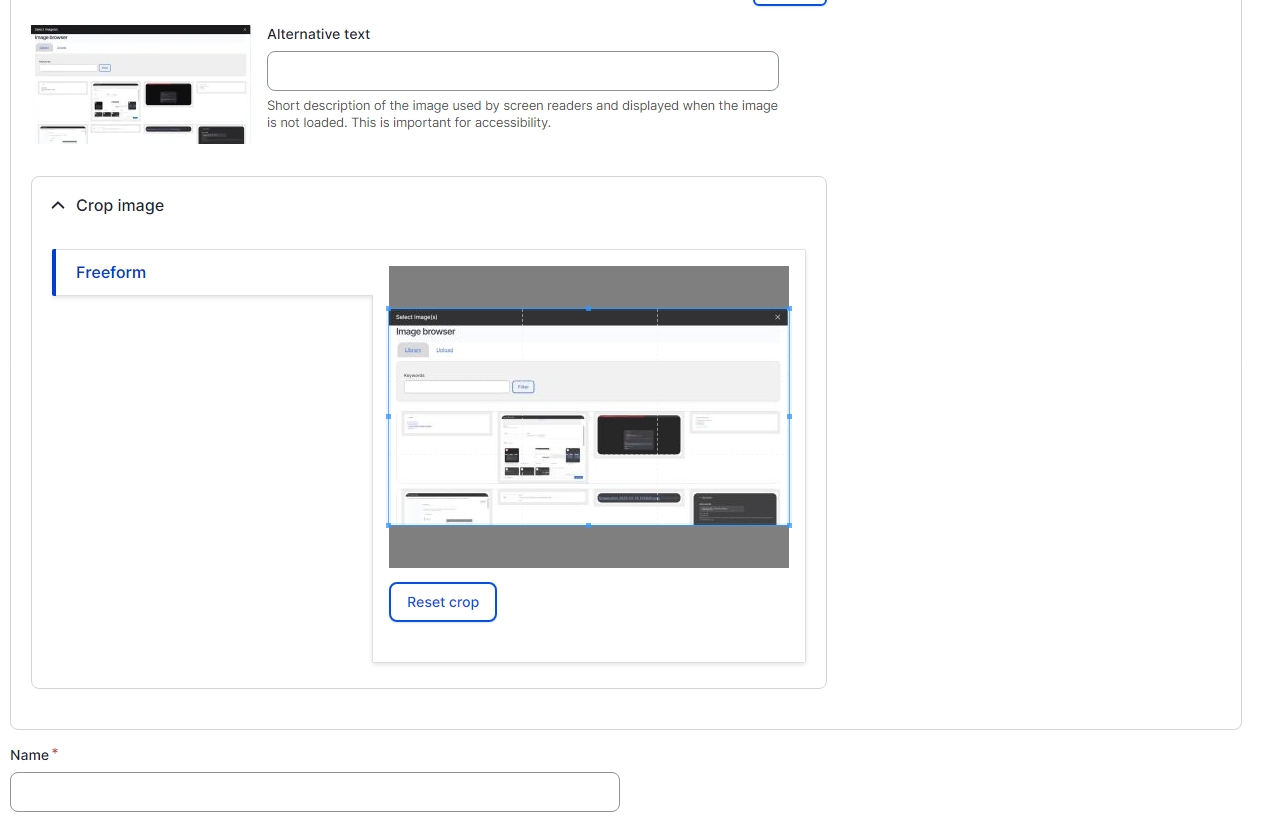 Drupal Image Browser showing a selected image with Alternative Text and the Name box shown