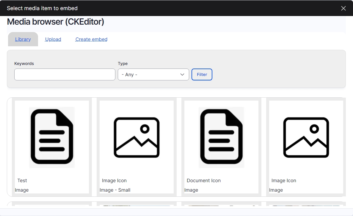 Select media item to embed window in drupal editing page 