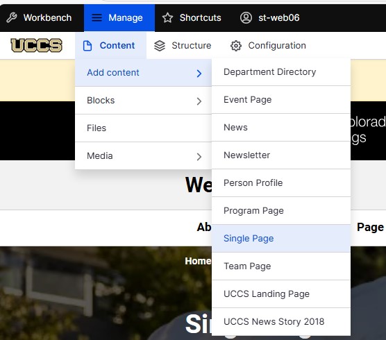 Drupal Editing page showing the content dropdown with Add content and Single Page Selected 