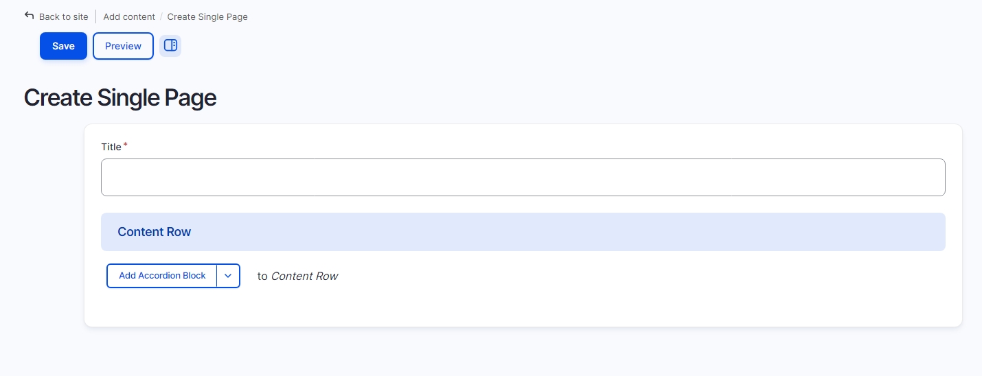 Drupal editing page showing the Create Single Page page and the Title and page row button on display