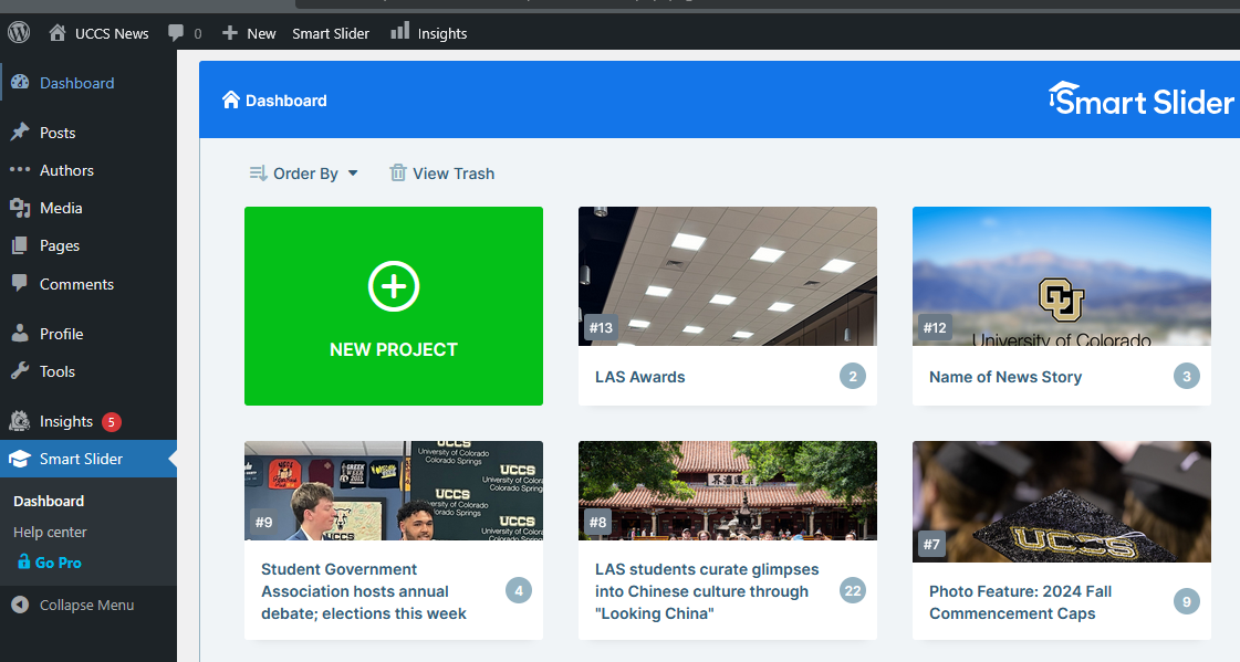 Screenshot showing Wordpress dashboard with Smart Slider tab highlighted