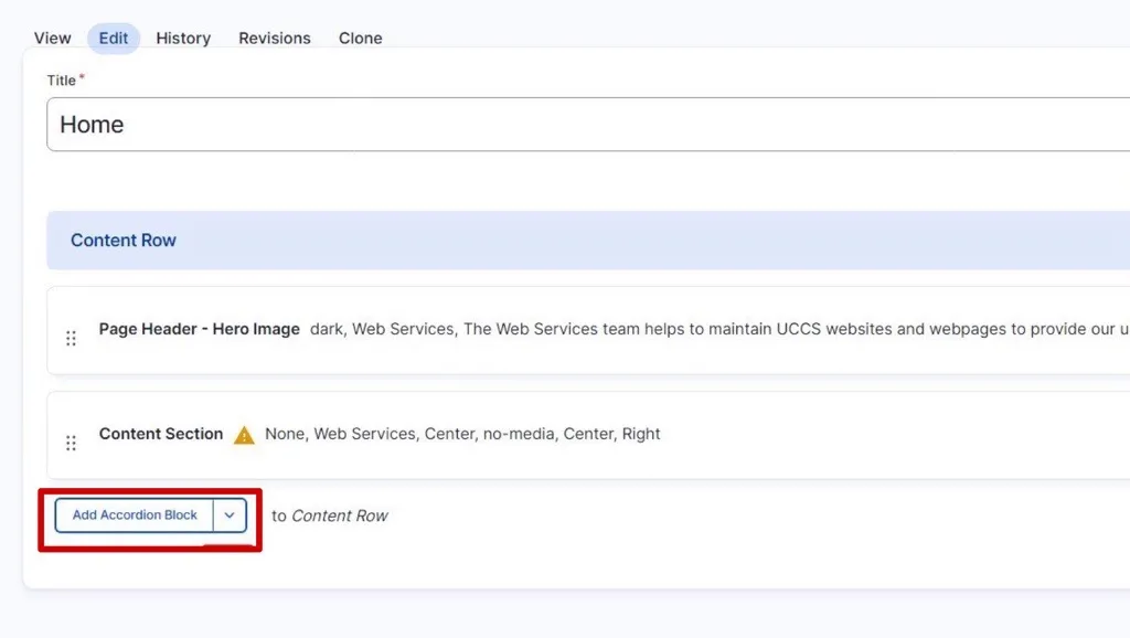 Drupal editing screen showing a red square around the accordion block and arrow next to it 